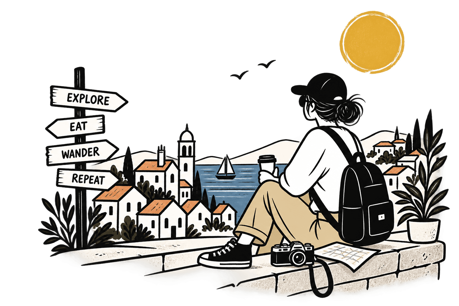 A traveler sitting on a stone ledge above a harbour town, coffee in hand, camera and map beside them